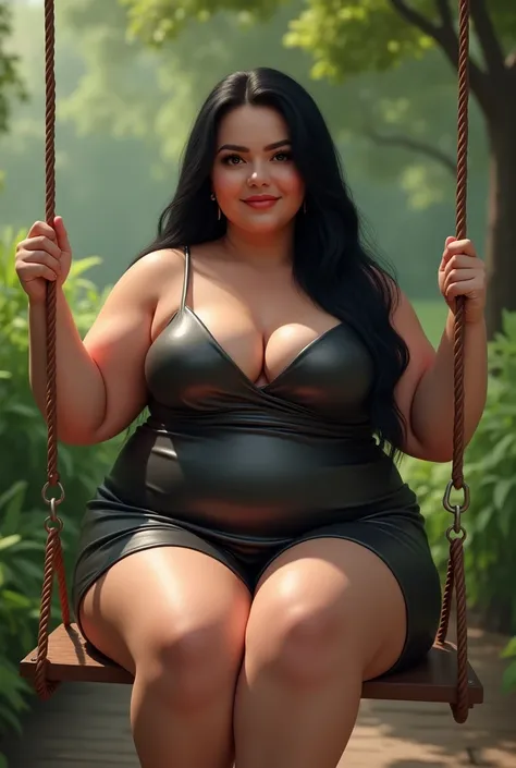 woman, long straight black hair, medium bust, plump, wide hips, shiny elegant dress, sitting on a swing, looking at the camera, photorealistic