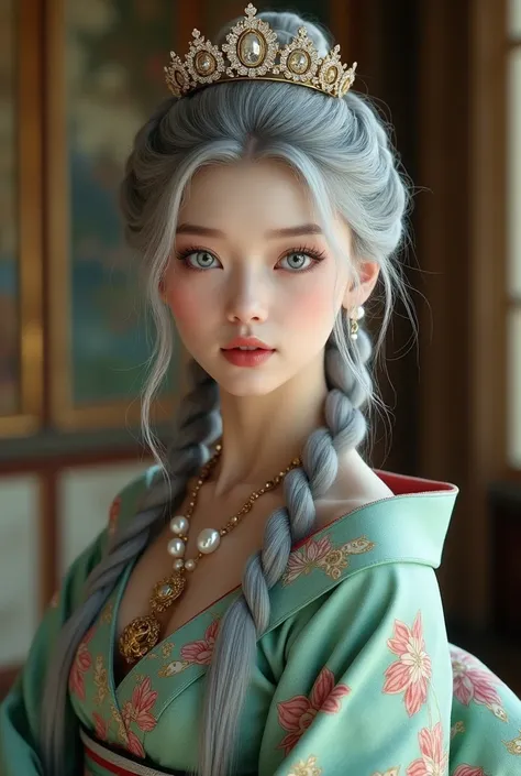 She is a kimono model、Gorgeous floral patterned kimono、Silver hair braids、blue eyes、All functions are clearly displayed., The contours of the fingers are perfectly shaped.., the nose has the correct shape., expressive lips, perfect anatomy, background is n...