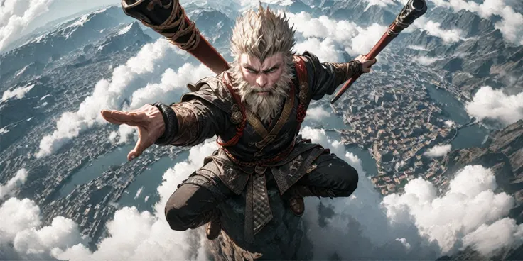 1man, viking wukong, nordic beard, sitting on flying cloud, drom above, high quality, fighting stick, from above, nice perspecti...