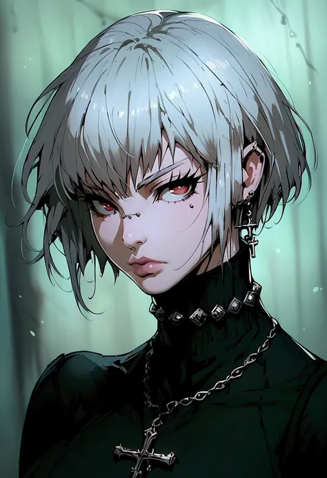 score_9, score_8_up, score_7_up, score_6_up, gthan, 1girl, solo, short hair, white hair, jewelry, looking at viewer, necklace, cross, portrait, bangs, red eyes, closed mouth, turtleneck,cross necklace, lips, piercing, blurry, eyelashes