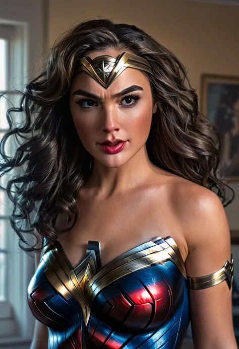 photographic portrait of wonder woman, sexy, wavy-haired superheroine, by artgerm, in the style of realism, glowing skin, cartoo...