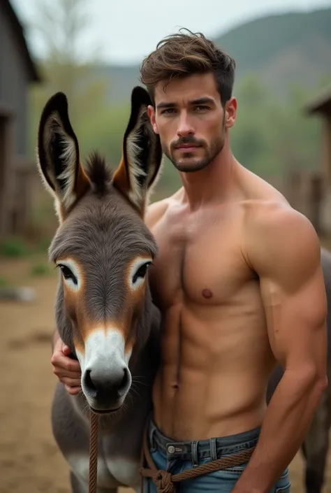 Young cute handsome beautiful 2 beardless taking perfect face next to him a donkey on the rope on a farm shirtless 