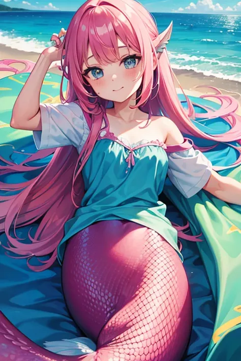 a young girl wrapped in a colorful quilt, pink  hair, sea background, (mermaid:1.1), looking ahead at viewer