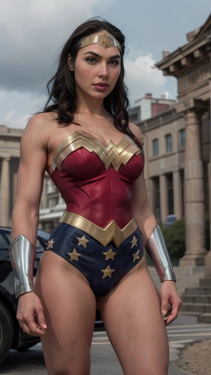 real life wonder woman with large breast wearing headband and hand wraps, wonder wonder costume posing, sexy gal gadot, hands on...