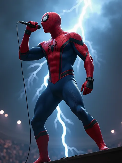 Rock Spiderman marvel holding the microfon singing with a background of thunder and a very rock vibes.