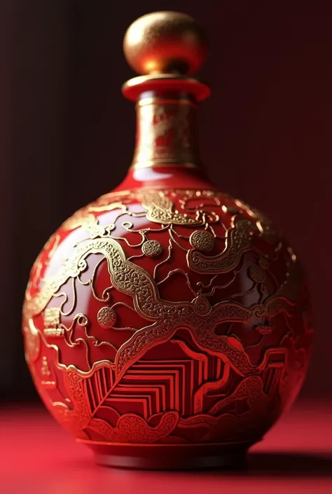 Close up of a bottle of red wine with a golden Chinese medicine pattern, very fancy，Chinese baijiu bottle, fancy whiskey bottle, whiskey bottle, Wine bottles, 3D product render, Product design rendering, Beautifully detailed orixa, red realistic 3 d render...