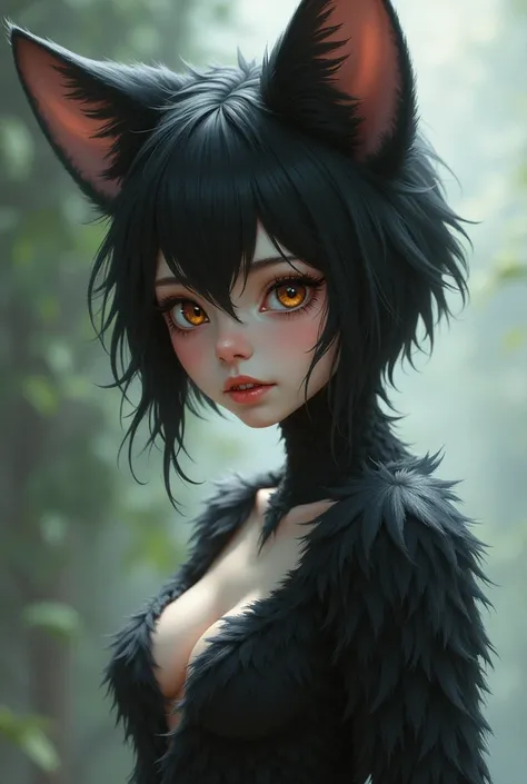 one girl, fox ears, , pure, cute naked, topless, a cat human Mix, human Body, big tits, furry skin, hairy nose , whiskers big eyes, black fur, Cat eyes, hybride 30 %Cat an 70 % human, Sharp fangs, mouth Open, 