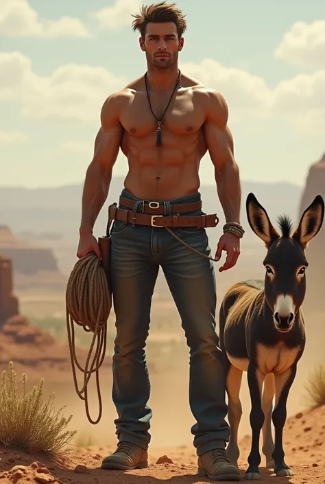 5 handsome attractive shirtless cowboy man with a rope donkey at his side