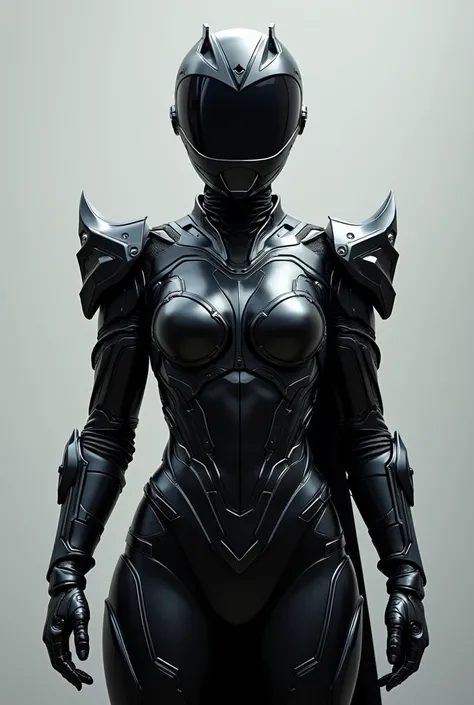 Power Ranger Black girl in full shining armor with armor covering her face too, facing front, color BLACK with white and face FULL cover