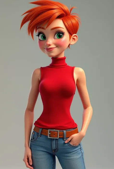 Candace from Phineas and Ferb wearing her red sleeveless turtleneck polo but instead of her white skirt she wears light blue jeans. But let it come out in images of a real woman