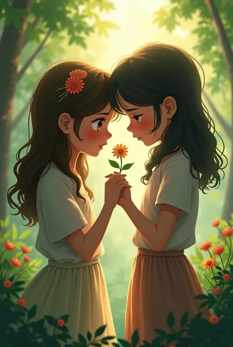 A picture passed on the True friendship a girl in the forest crying when her best friend come and give her a little flower to try make her feel better