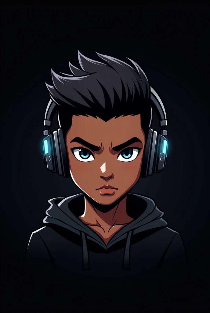 Create a gamer logo of a dark-skinned boy with gamer headphones and a black background behind him 