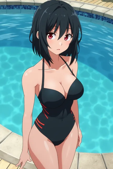 beautiful young woman, around 20 years old, with medium-length straight black hair and striking, narrow red eyes. She has an athletic build with well-defined features. She is standing confidently by a pool, wearing a stylish and modest swimsuit. The settin...