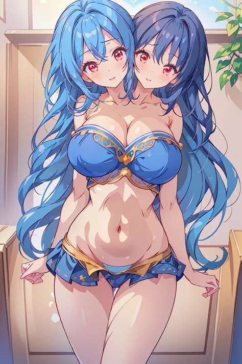 (masterpiece, best quality), best quality, (ultra-detailed), (3heads:1.5), 1girl, (Megumu Iizunamaru:1.3), masterpiece, best quality, ultra quality, ultra resolution, ultra detail, dark blue top, crop top, ((stomach)), midriff, ((groin)), dark blue skirt, ...