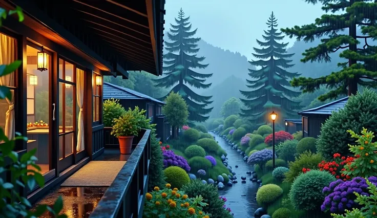  house on wet street with balcony overlooking outside in village, clear glass window, Shirakawa-go, Japan, rainy environment, (((FHD))) (((high definition))), green garden, trees, rainy day, lights, pine, night ambience,  lights cozy in the rain, lush japa...