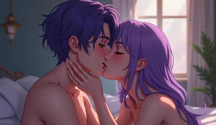 A naked purple haired green eyed girl kissing a naked purple haired purple eyed boy