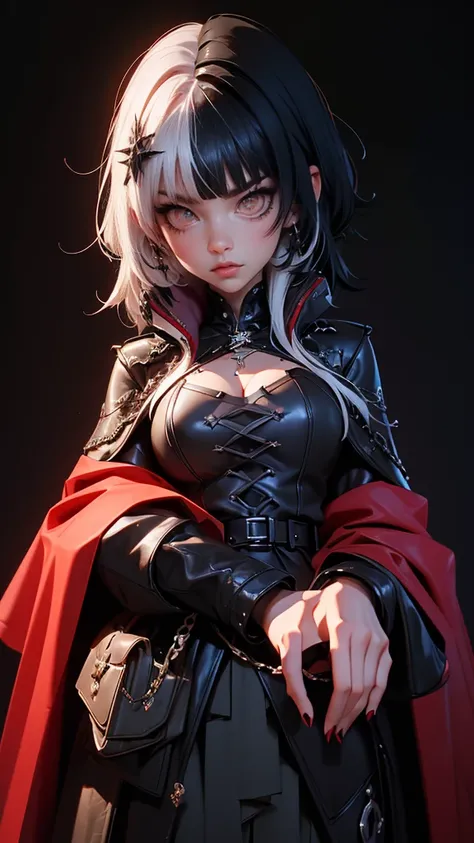 envision a 8k, highres, cinematic, beautiful full body design sheet of a short girl named Shiori Novella with long black and white hair with hair ornaments, Amber narrowed eyes, and goth messy makeup wearing a goth military Lolita dress and red cape agains...