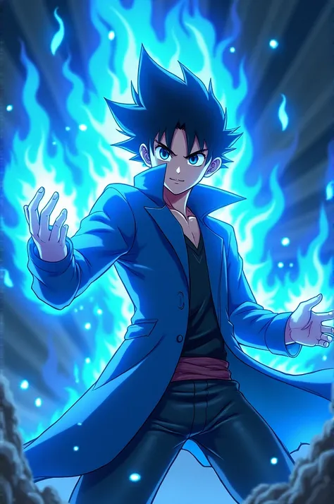 Anime male character creating a blue firestorm 