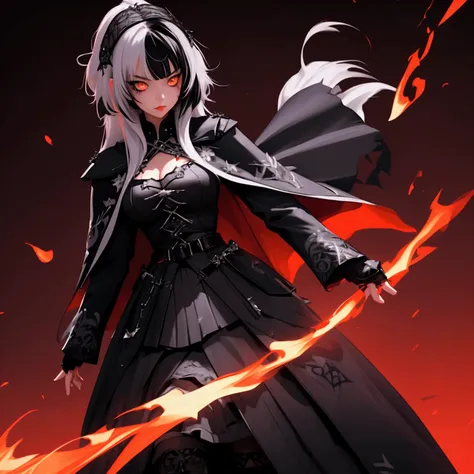 envision a 8k, highres, cinematic, beautiful full body design sheet of a girl named Shiori Novella with long black and white hair with hair ornaments, Amber eyes, wearing a goth military Lolita dress and red cape against a dark background