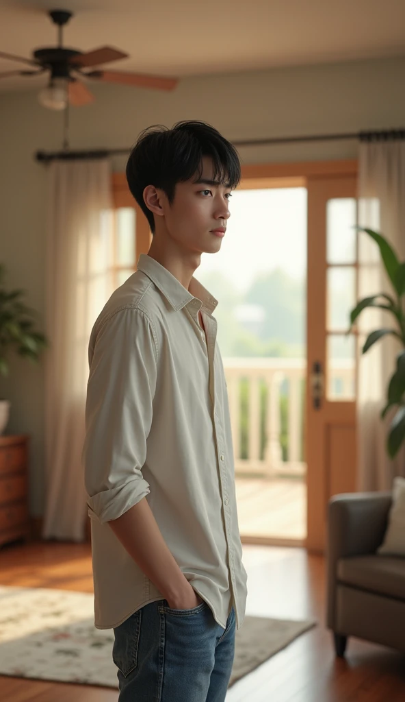 Image of a young black-haired man dressed in blue jeans and a white shirt inside a house