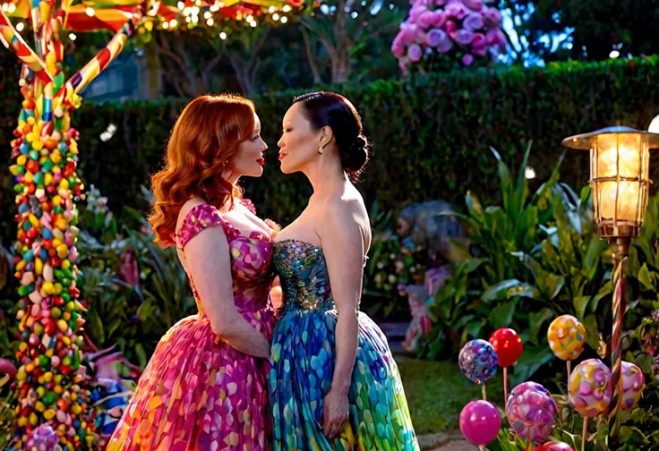 a detailed photo of christina rene hendricks in a sheer colorful gown without underwear, is making out (kissing, hugging, touchi...