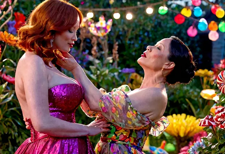 a detailed photo of christina rene hendricks in a sheer colorful gown without underwear, is making out (kissing, hugging, touchi...