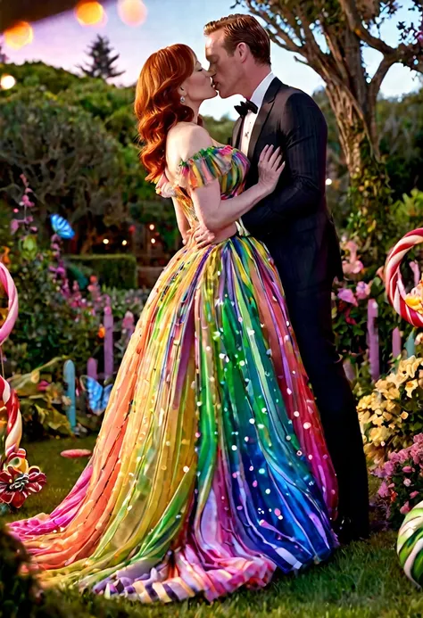 a detailed photo of christina rene hendricks in a sheer colorful gown without underwear, is making out (kissing, hugging, touchi...