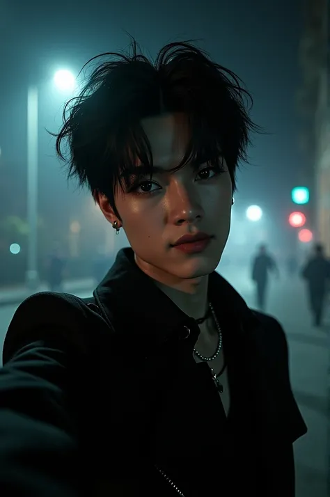 Create a realistic style image, a selfie of Park Jimin with black hair, black clothes, looking like a gangster, at night