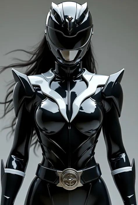 Power Ranger Black with white armor 
girl in full shining armor with armor covering her face too, facing front, color BLACK with a little touch of WHITE ARMOR and face FULL cover with hair