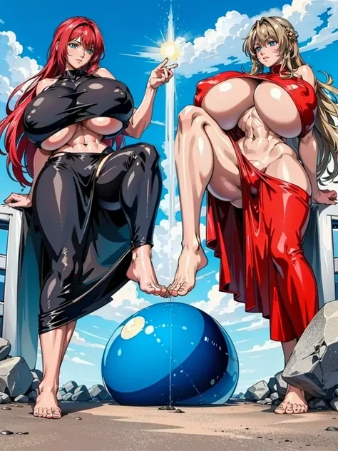 （Giant Elements、High resolution、High resolution、high quality、Accurate body structure、Detailed body、Barefoot woman）、(Two big burly women)、(Huge breasts:1.7)、In the car
