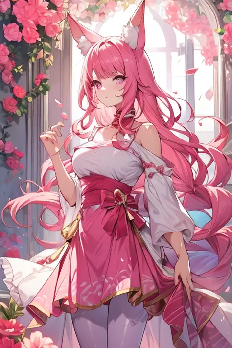 An adult woman with pink eyes, long bright pink hair with fox ears. Wears an elegant dress. She must be wearing a pink leggings. she comes from wonderland