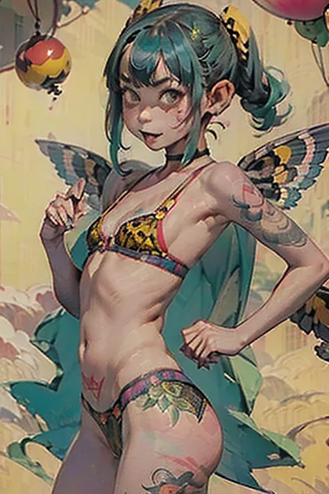 Full body portrait、Green micro bikini、woman、clown、Ahegao、balloon、mahjong、Full body portrait、clownメイク 、Blue and red twin tails、((Black tribal tattoos all over the body、Tattoo of wings on the chest、bee tattoo on shoulder、Centipede tattoo on arm))、Comical mov...