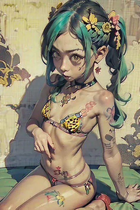 Full body portrait、Green micro bikini、woman、clown、Ahegao、balloon、mahjong、Full body portrait、clownメイク 、Blue and red twin tails、((Black tribal tattoos all over the body、Tattoo of wings on the chest、bee tattoo on shoulder、Centipede tattoo on arm))、Comical mov...