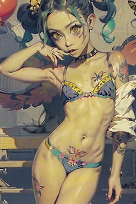 Full body portrait、Green micro bikini、woman、clown、Ahegao、balloon、mahjong、Full body portrait、clownメイク 、Blue and red twin tails、((Black tribal tattoos all over the body、Tattoo of wings on the chest、bee tattoo on shoulder、Centipede tattoo on arm))、Comical mov...