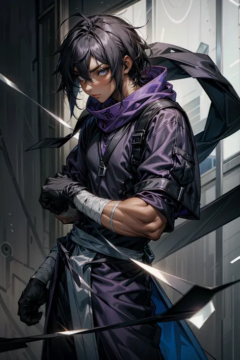 1male, adult male, black eyes, black hair, medium length hair, darkskin, black bandages on arms, purple gloves, black and purple...