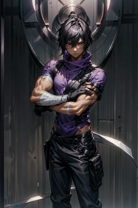 1male, adult male, black eyes, black hair, medium length hair, darkskin, black bandages on arms, purple gloves, black and purple...