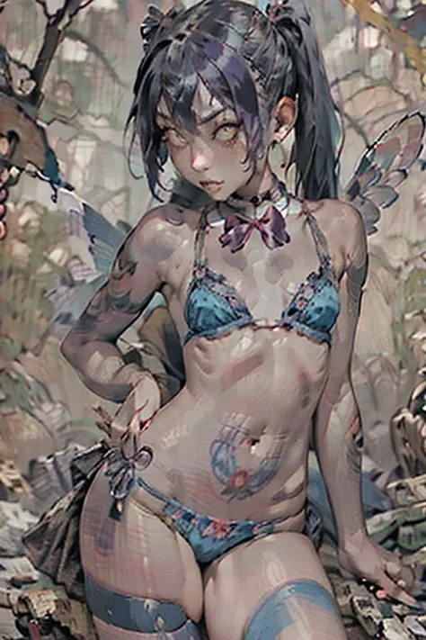 Full body portrait、Green micro bikini、woman、clown、Ahegao、balloon、mahjong、Full body portrait、clownメイク 、Blue and red twin tails、((Black tribal tattoos all over the body、Tattoo of wings on the chest、bee tattoo on shoulder、Centipede tattoo on arm))、Comical mov...