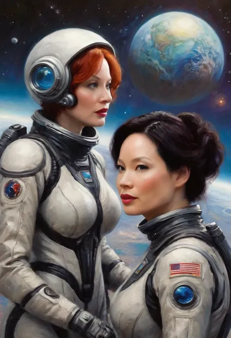 a highly detailed, photorealistic painting of christina rene hendricks wearing a sexy sci-fi space suit, sci-fi make-up, with si...