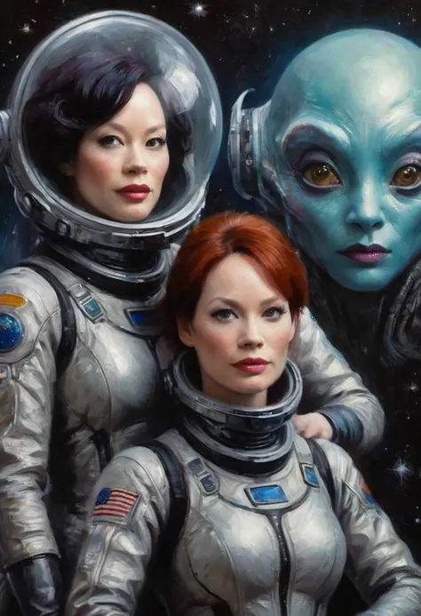 a highly detailed, photorealistic painting of christina rene hendricks wearing a sexy sci-fi space suit, sci-fi make-up, with si...