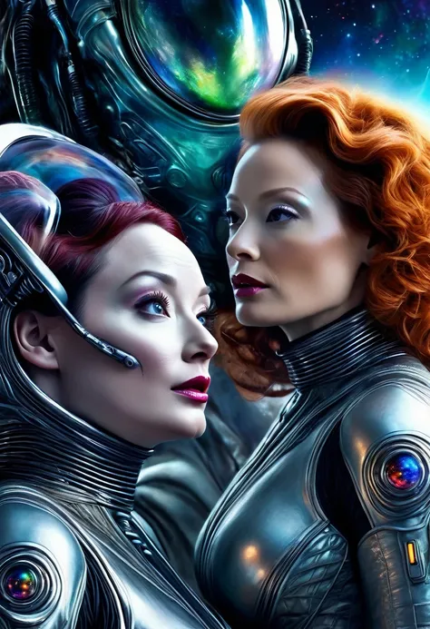 a highly detailed, photorealistic painting of christina rene hendricks wearing a sexy sci-fi space suit, sci-fi make-up, with si...