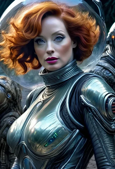 a highly detailed, photorealistic painting of christina rene hendricks wearing a sexy sci-fi space suit, sci-fi make-up, with si...