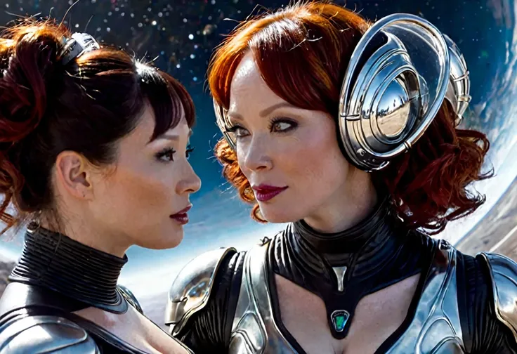 a highly detailed, photorealistic painting of christina rene hendricks wearing a sexy sci-fi space suit, sci-fi make-up, with si...