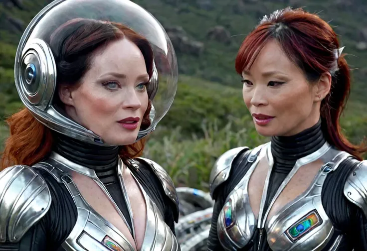 A highly detailed, photorealistic painting of Christina Rene Hendricks wearing a sexy sci-fi space suit, sci-fi make-up, with silver highlights in her hair, surprised on an alien world, alongside Lucy Liu wearing a sexy alien costume with alien contacts an...