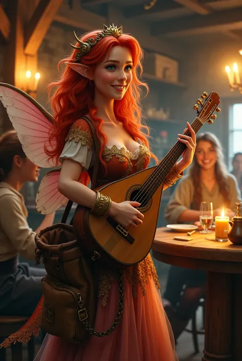 Red-haired fairy wearing a dress with an adventurer&#39;s bag, smiling in a tavern while playing lute