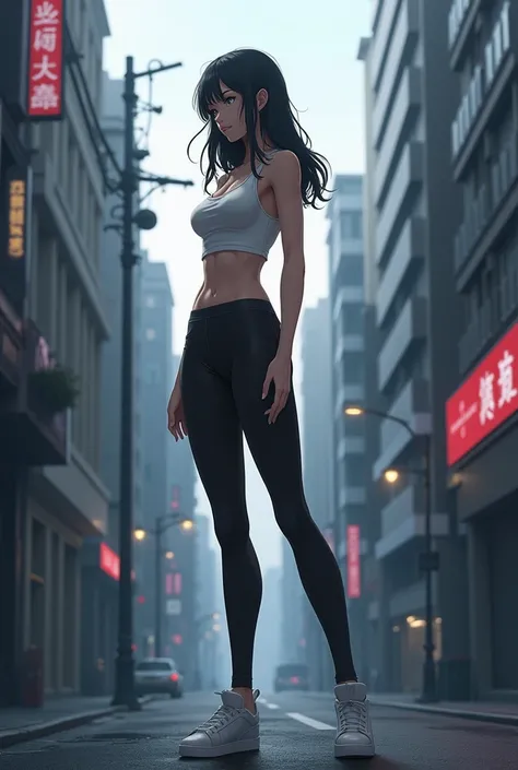 Kizi, otome style urban anime, Bblack hair, sculptural body with strong muscles, she wears a short white top and black leggings, city center, Gray lighting, isolated street 