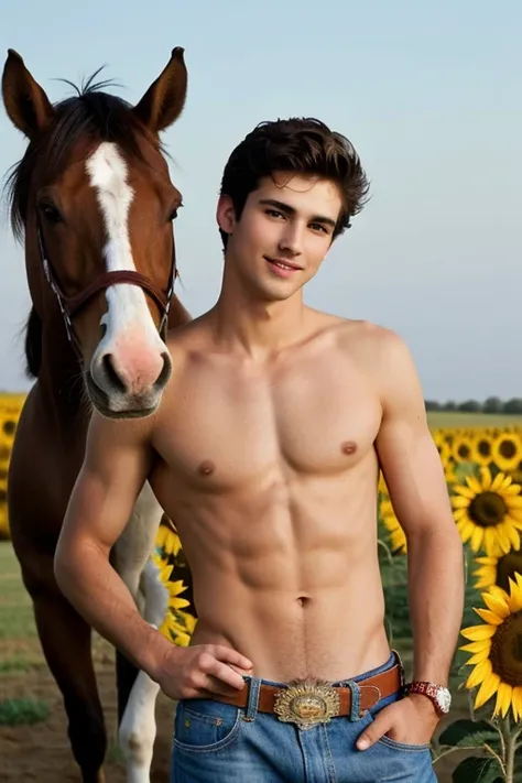 Young handsome cute beautiful skinny white face without shirt  con un jirasol en un campo de girasol cowboy alado un caballo con su cueda