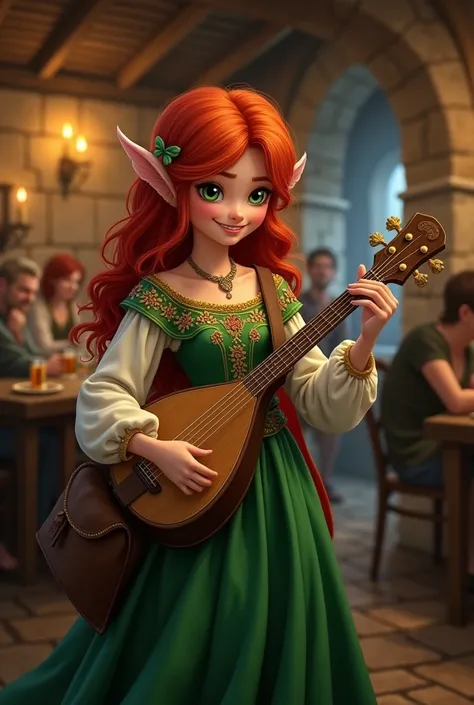 Red-haired fairy wearing medieval dress with adventurer&#39;s bag, smiling sneakily in a tavern while playing lute