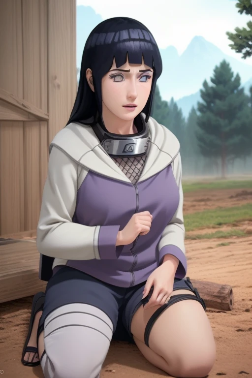 1girl, beautiful young woman, 1 hinata hyuga from naruto shippuden, training in a training field, kunais in hands, extremely det...