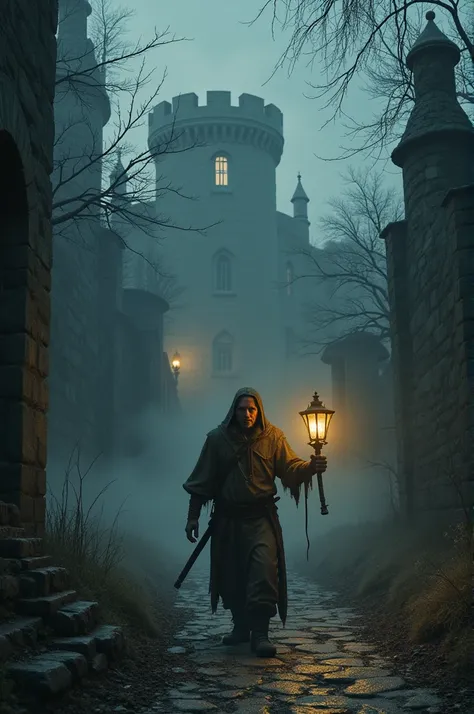 Scary medieval scenary with a guy holding a lamp