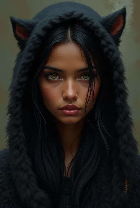 realistic young woman from india wide face, smooth black fur, Dark skin with light yellow eyes and a serious expression 
